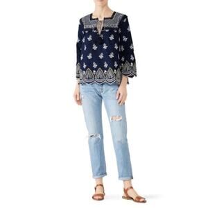 Shoshanna Calah 100% Cotton Boho Embroidered Peasant Top Blouse Navy White XS